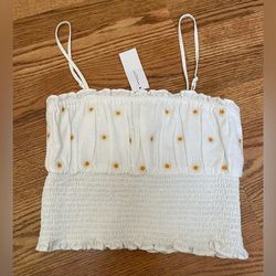 American Eagle Outfitters Tops | American Eagle White Embroidered Daisies Smocked Crop Top Size Xxs Nwt | Color: White/Yellow | Size: Xxs