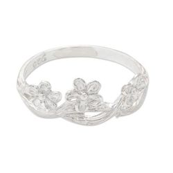 'Floral Sterling Silver Band Ring in a High-Polish Finish'