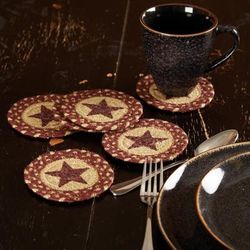 Burgundy Tan Jute Coaster Stencil Star Set of 6 - Coaster Set