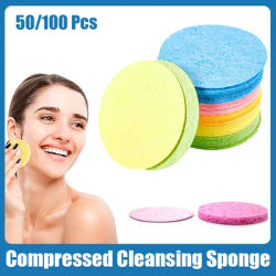 50/100PC Natural Wood Pulp Sponge Cellulose Compress Cosmetic Puff Facial Washing Sponge Face Care Cleansing Makeup Remover Tool