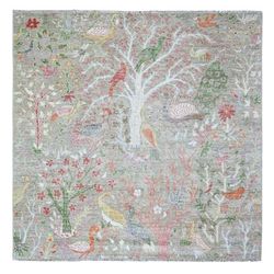 Shahbanu Rugs Green Afghan Pure Wool Hand Knotted Peshawar with Birds of Paradise Design Abrash Square Rug (5'10" x 5'11")