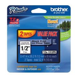 Brother Laminated Tape for P-Touch Labelers (Black on Clear, 1/2" x 26.2', 2-Pack) TZE-1312PK