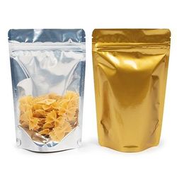 Medium Food Safe Zip Pouch Bags Clear Front with Gold & Silver Back - Holds 4 oz. Size: 5 1/8" x 3 1/8" x 8 1/8" 100 Bags Pouches