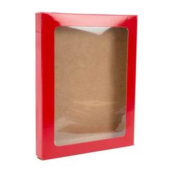 Gloss Red Kraft Paper Window Box with Attached PET Sheet A2 4 1/2" x 5/8" x 5 7/8" 25 pack
