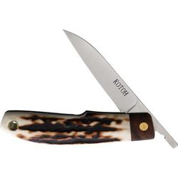Kotoh Knives 2.5in Stag D2 Folding Knife 4in Closed 2.5in Satin D2 Tool Steel Blade Stag Handle Leather Sheath KOTOH422521