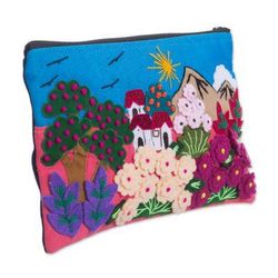 Flourishing Gardens,'Colorful Andean Gardens Cotton Blend Appliqué Pencil Case'