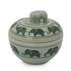 Celadon ceramic box, 'Elephants on Parade'