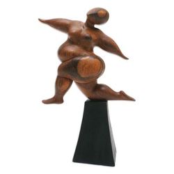 'Hand-Carved Inspirational Suar Wood Sculpture of a Woman'