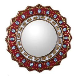 Ruby Medallion,'Red Reverse-Painted Glass Wall Mirror from Peru'