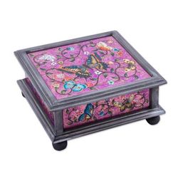 Purple Winter Butterflies,'Reverse Painted Glass Decorative Box with Butterflies'