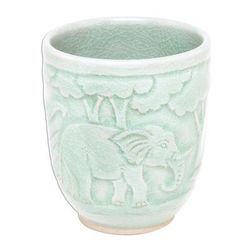 Elephant Forest,'Elephant-Themed Celadon Ceramic Teacup from Thailand'
