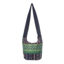'Black and Multi-Color Patterned Cotton Blend Shoulder Bag'