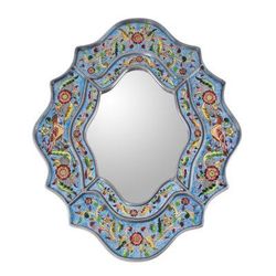 Blue Sky,'Artisan Made Reverse Painted Glass Wall Mirror'