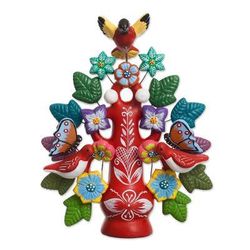 'Hand-Painted Floral Ceramic Dove Tree Sculpture in Red'