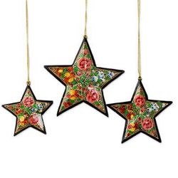 Starry Floral,'Artisan Crafted Papier Mache Star Ornaments (Set of 3)'