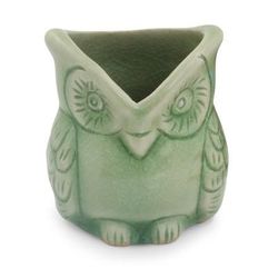 Celadon ceramic toothpick holder, 'Happy Green Owl'