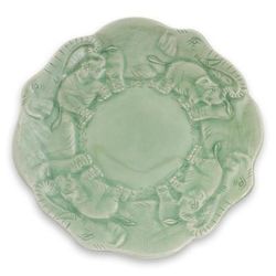 Celadon ceramic plate, 'Elephant Family'