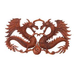 Bestial Balance,'Hand Carved Dragon Duo Wood Wall Relief Panel from Indonesia'