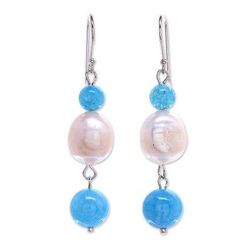 Electric Ocean,'Cultured Freshwater Pearl and Quartz Dangle Earrings'
