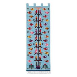 'Handwoven Bird-Themed Blue Wool and Cotton Blend Tapestry'