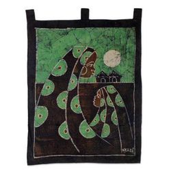 Mother's Care in Green,'Cotton Batik Mother and Child Wall Hanging Handmade in Ghana'