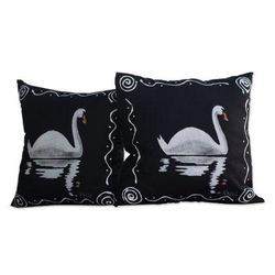 Swan Song in Black,'Black Cotton Swan-Motif Cushion Covers (Pair)'