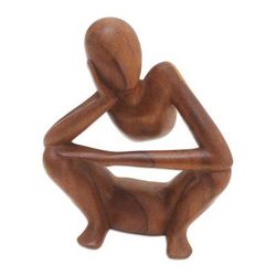 Thinking Posture,'Hand Carved Suar Wood Statuette'