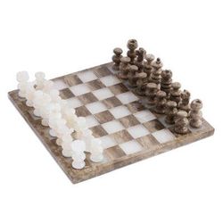 'Mexican-Made Hand-Carved Ivory and Brown Marble Chess Set'
