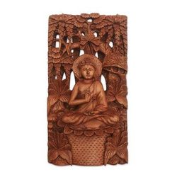 'Hand-Carved Suar Wood Relief Panel of Buddha Praying'