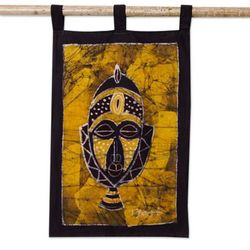 Borkoor,'Hand-Painted Cotton Wall Hanging of African Mask in Yellow'