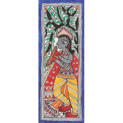 Majestic Krishna,'Signed Colorful Madhubani Painting of Krishna'