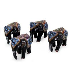 'Four Young Elephants' (set of 4) - Lacquered Wood Elephant Sculptures