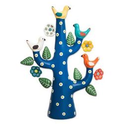 'Hand-Painted Ceramic Dove Tree Sculpture in Blue from Peru'