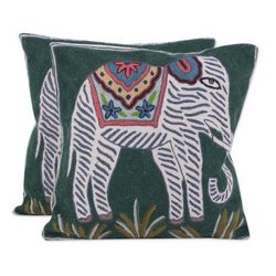 Floral Elephants,'Pair of Embroidered Green and White Elephant Cushion Covers'