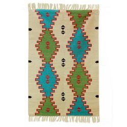 Diamond Tracks,'Indian Handwoven Rectangle Blue Green Brown Wool Rug (4x6)'