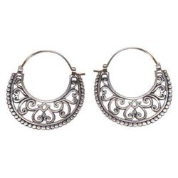 Balinese Style Sterling Silver Crescent Hoop Earrings 'Moonlit Garden'