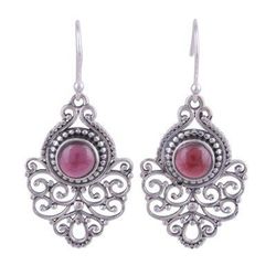 Shalimar Fountain,'Ornate Sterling Silver and Garnet Dangle Earrings'
