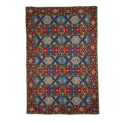 Wool chain stitch rug, 'Blue Tile Palace' (4x6)