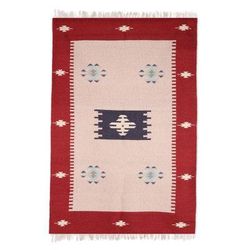 Khaki Geometry,'Crimson and Khaki Geometric Wool Area Rug from India (4x5.5)'