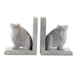 Soapstone bookends, 'Happy Hoppy Frog' (pair)