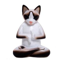 Wood sculpture, 'Breathing Yoga Cat'