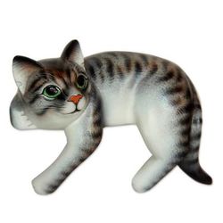Wood sculpture, 'Tabby Cat Relaxes'