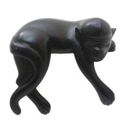 Sleeping Monkey in Black,'Suar Wood Black Monkey Statuette'