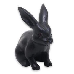 Wood sculpture, 'Cute Black Rabbit'