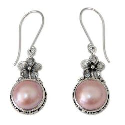 'Pink Frangipani' - Sterling Silver and Pearl Floral Dangle Earrings