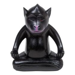 Joyous Master at Night,'Handmade Black Suar Wood Monkey Statuette from Bali'