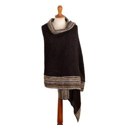 Elegant Stripes,'Knit Baby Alpaca Blend Shawl in Black Honey & Grey from Peru'