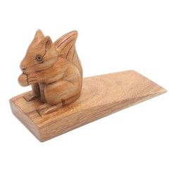Helpful Squirrel in Brown,'Handcrafted Wood Squirrel Doorstop in Brown from Bali'