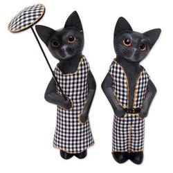 Bali Cat Couple in Dark Grey,'Hand Made Wood Cat Sculptures Dark Grey (Pair) Indonesia'