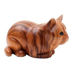 Lazy Cat,'Hand Painted Suar Wood Cat Statuette'